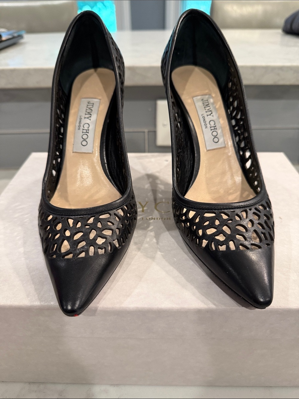 Jimmy Choo Romy Black Laser-Cut Leather Pointed Pumps